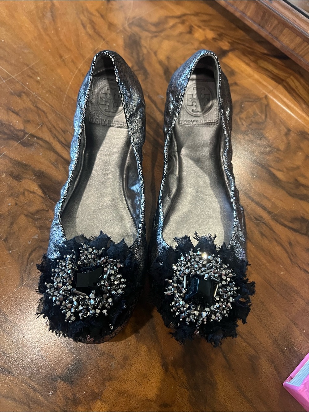Tory Burch Amelia Crackle Black Embellished Leather Ballet Flats 8.5